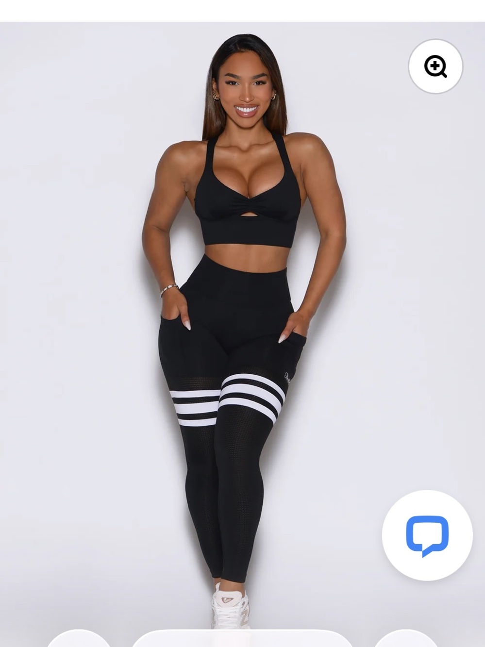 NWT Bombshell Sportswear Black High-Waist Leggings with White Thigh Stripes.